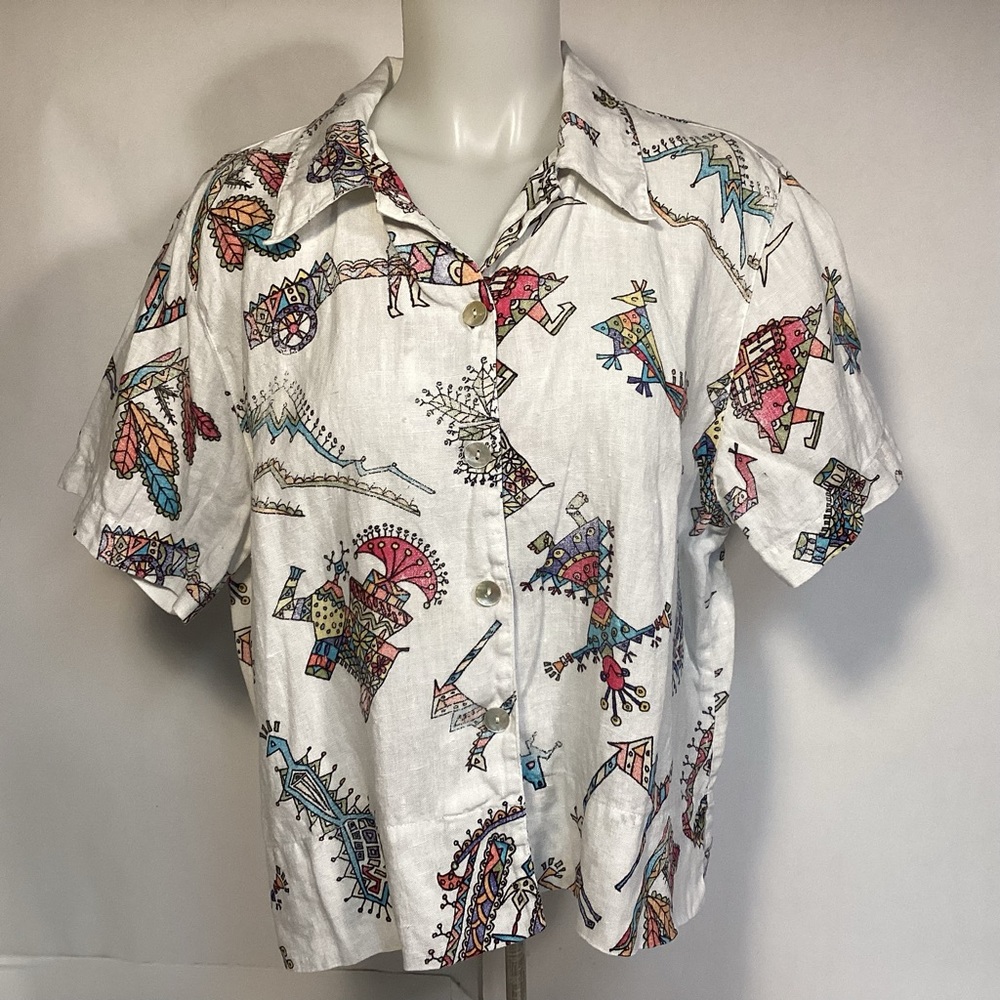 Chico's White Button-Down Short Sleeve Shirt with Multicolor Tribal Print